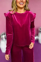 Two Piece Pant Sets Velvet Rose Ruffle - Chic Red Two-Piece Set
