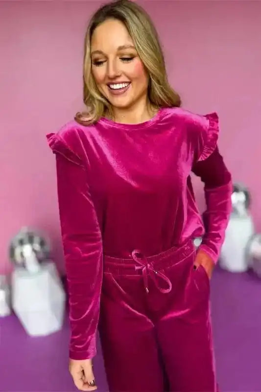 Two Piece Pant Sets Velvet Rose Ruffle - Chic Red Two-Piece Set