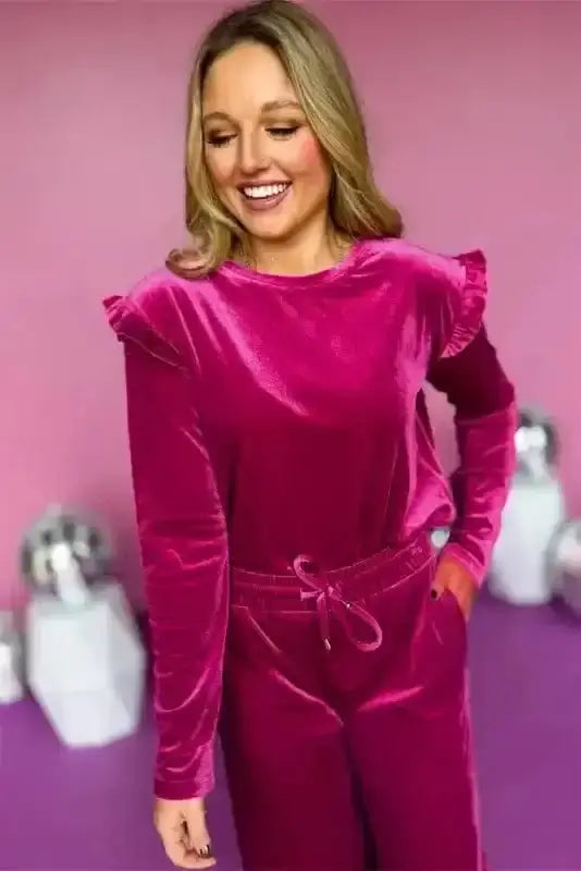 Two Piece Pant Sets Velvet Rose Ruffle - Chic Red Two-Piece Set