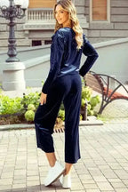 Two Piece Pant Sets Velvet Vogue Navy Ruffle Set