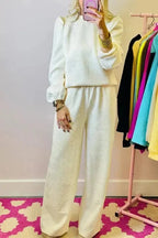 Two Piece Pants Sets Beige / S / 95%Polyester+5%Elastane Puff-Sleeve Top with Coordinated Pants