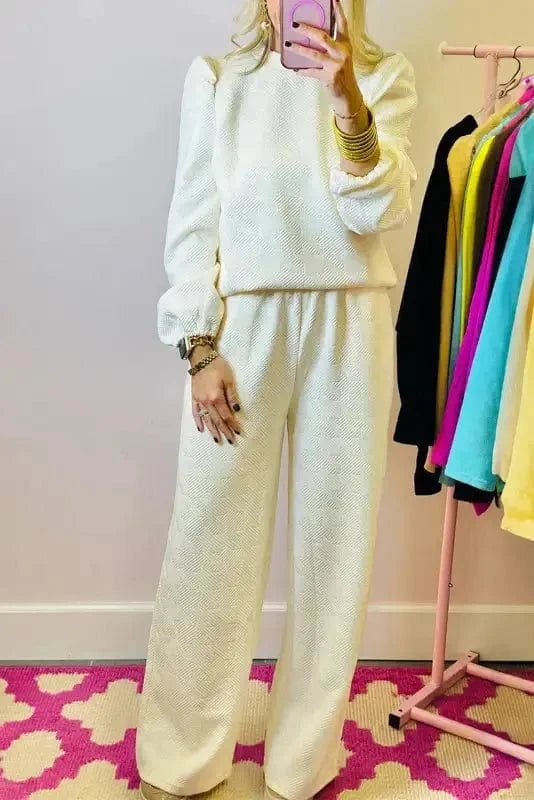 Two Piece Pants Sets Beige / S / 95%Polyester+5%Elastane Puff-Sleeve Top with Coordinated Pants