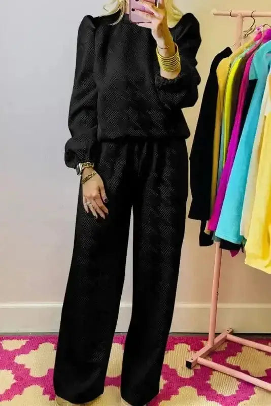 Black puff sleeve top and wide leg pants co-ord set front view — Fashionfitz UK