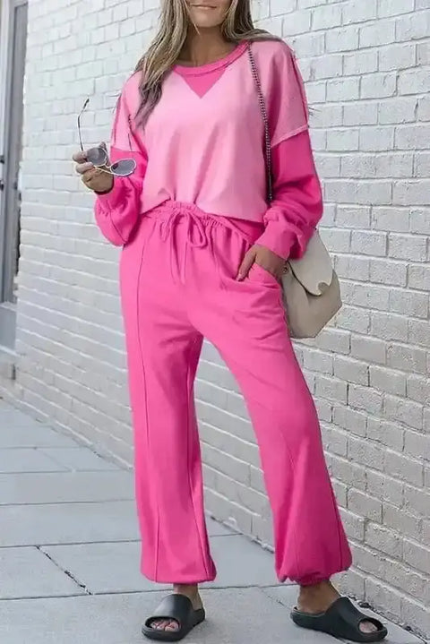 Rose pink colourblock cotton blend crew neck jogger set front view — Fashionfitz UK