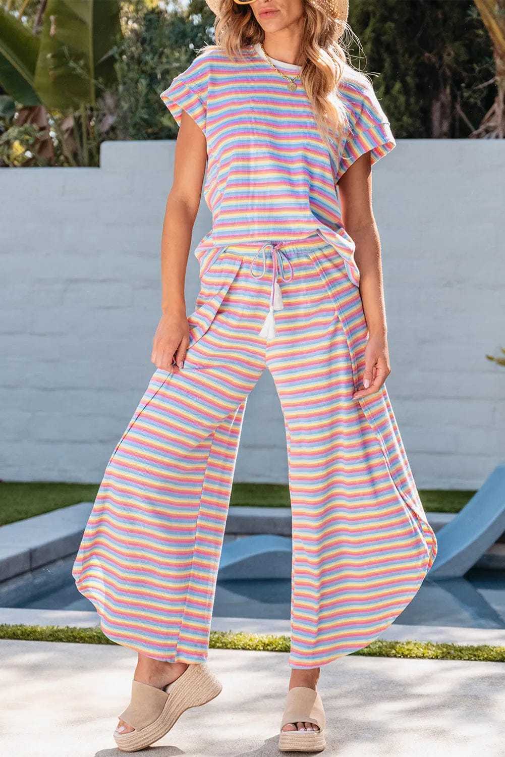 Two Piece Pants Sets Funky Stripes Wide Leg Pants Set