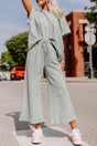 Woman wearing gray textured t-shirt and drawstring pants lounge set front view Fashionfitz UK