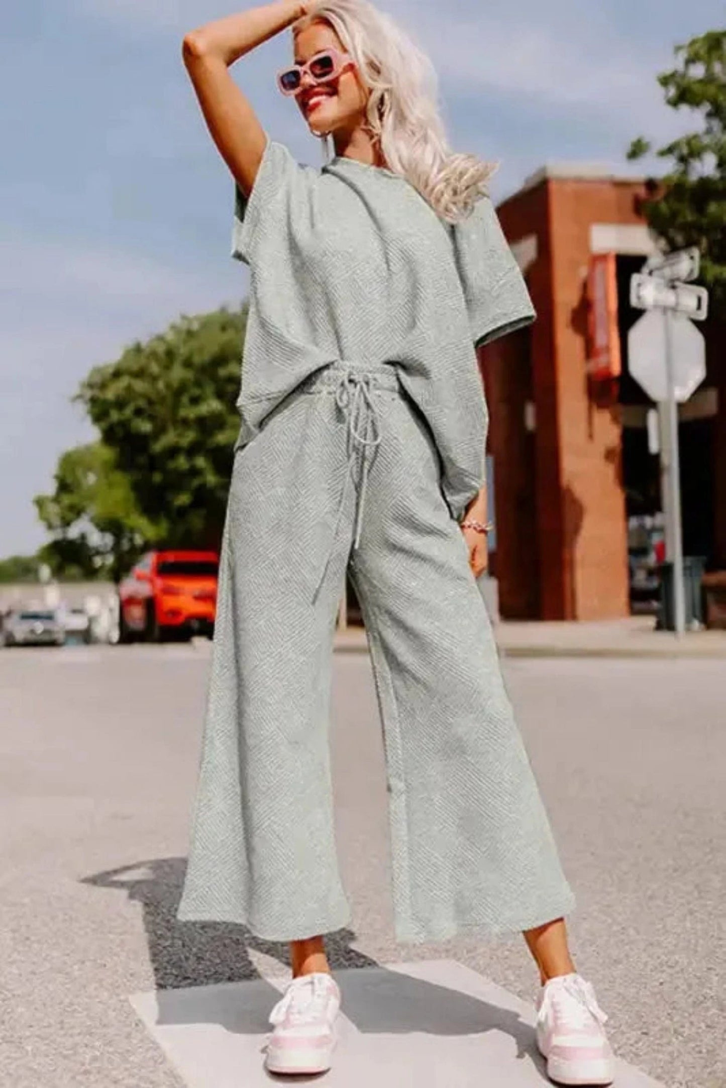 Two Piece Pants Sets Gray Textured T-Shirt & Drawstring Pants Set – Casual Comfort
