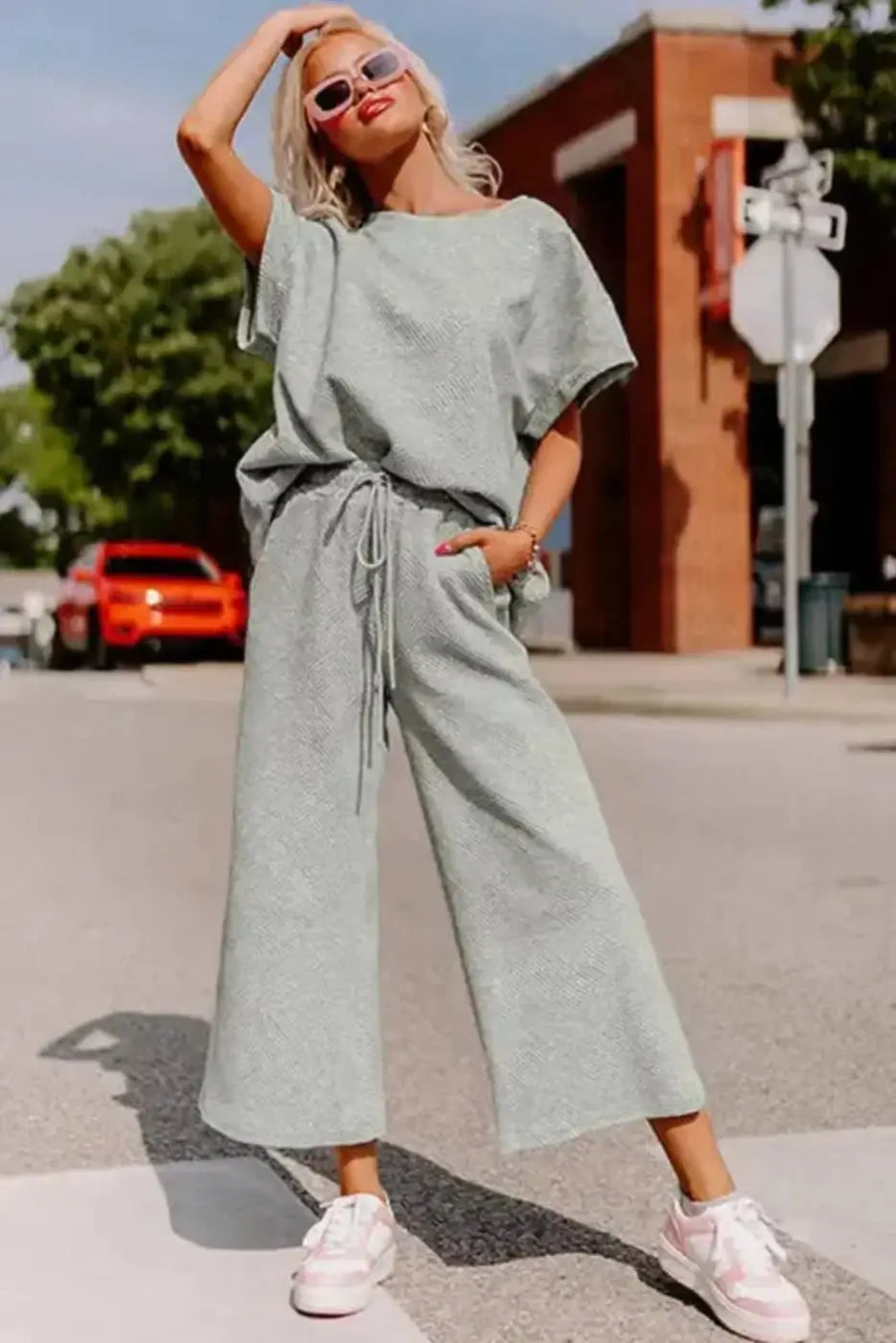 Back view of gray textured lounge set short sleeve top and drawstring pants Fashionfitz UK