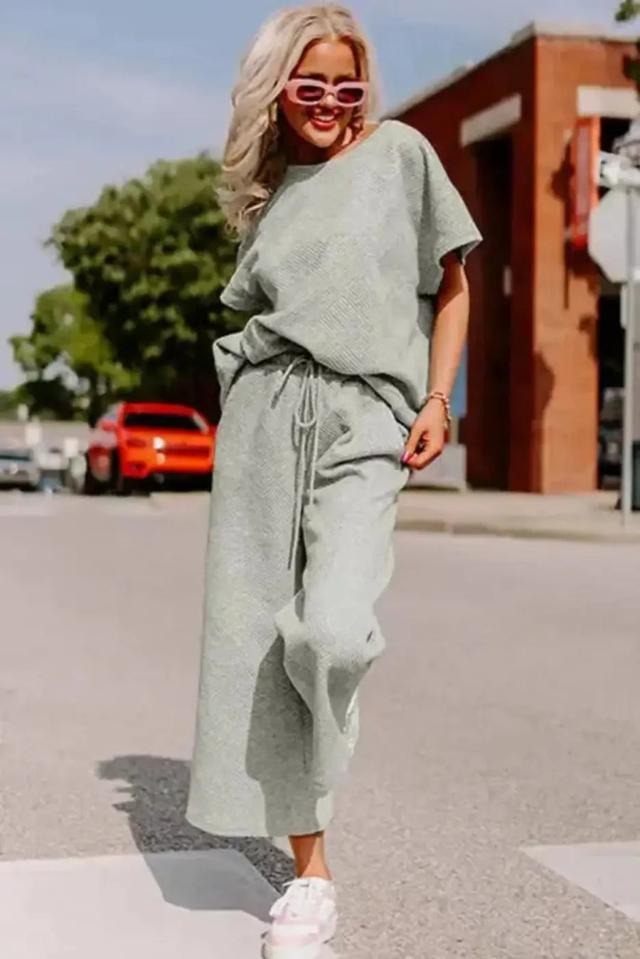 Side view of gray textured t-shirt and drawstring pants set showing adjustable waist and full-length trousers Fashionfitz UK
