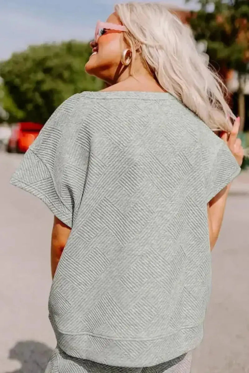 Gray textured casual short-sleeve tee and drawstring trousers two-piece set showing relaxed silhouette Fashionfitz UK