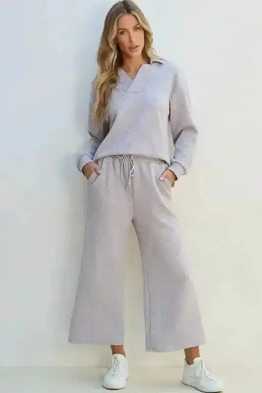 Light grey V-neck long sleeve wide leg lounge set front view — Fashionfitz UK