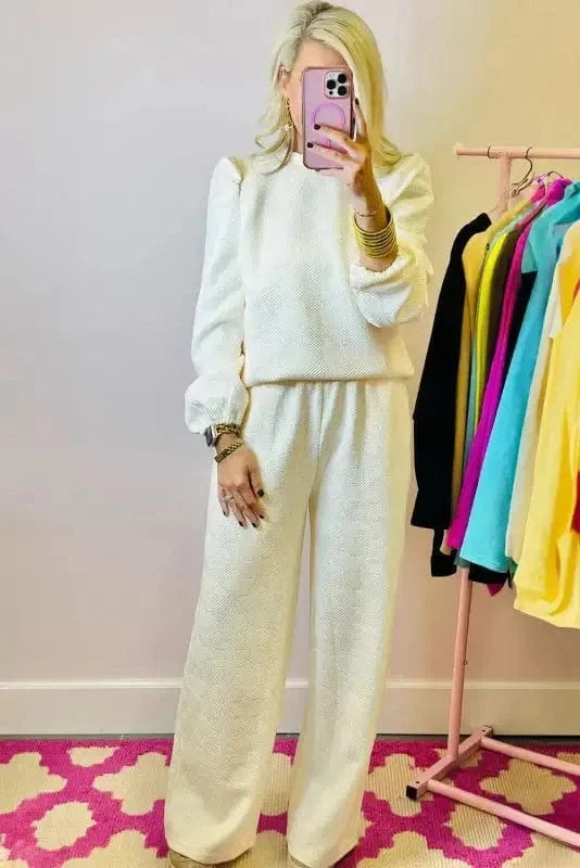 Two Piece Pants Sets Puff-Sleeve Top with Coordinated Pants