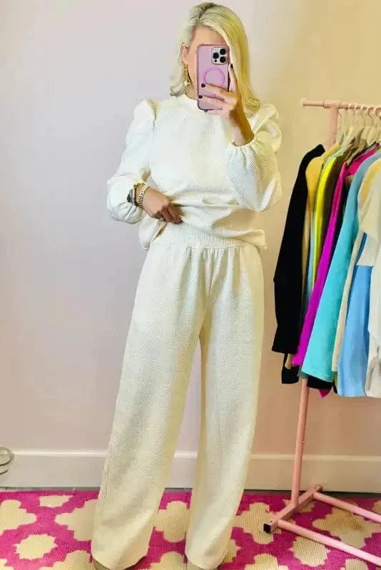 Two Piece Pants Sets Puff-Sleeve Top with Coordinated Pants