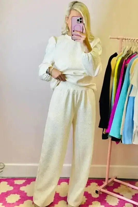 Two Piece Pants Sets Puff-Sleeve Top with Coordinated Pants