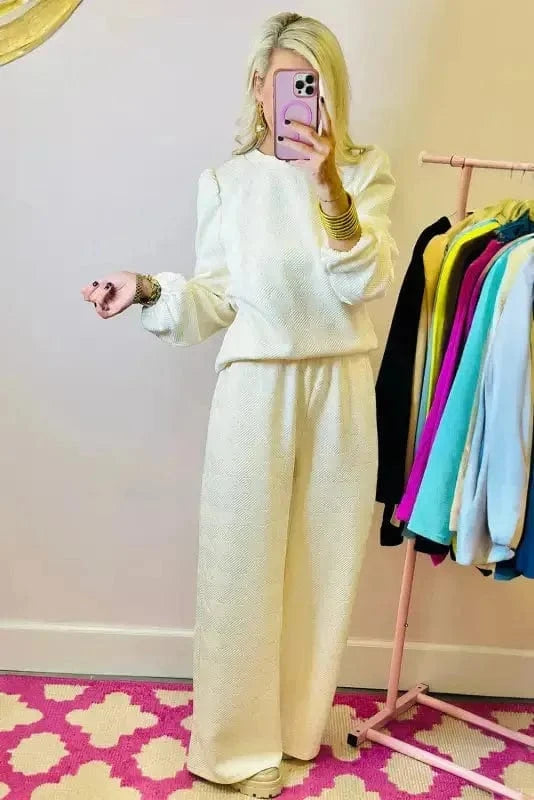 Two Piece Pants Sets Puff-Sleeve Top with Coordinated Pants