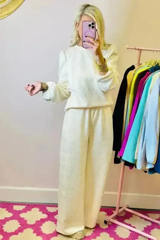 Two Piece Pants Sets Puff-Sleeve Top with Coordinated Pants