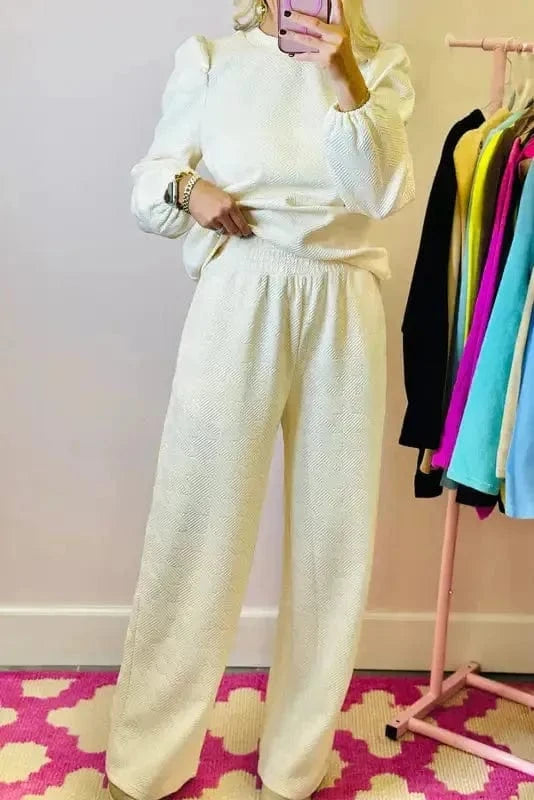 Two Piece Pants Sets Puff-Sleeve Top with Coordinated Pants