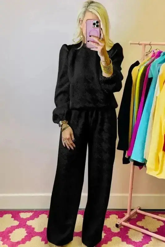 Two Piece Pants Sets Puff-Sleeve Top with Coordinated Pants
