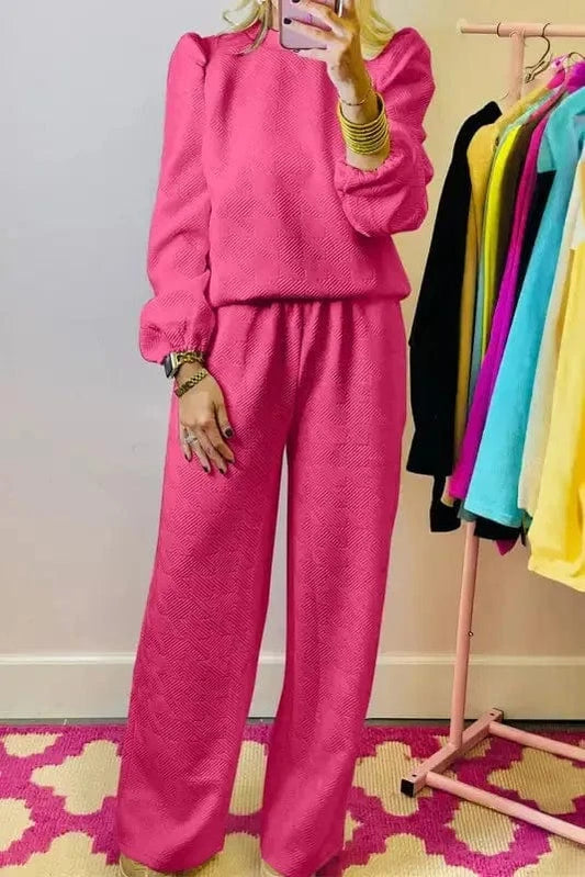 Two Piece Pants Sets Rose Red / S / 95%Polyester+5%Elastane Ruby Ruffle Sleeve Co-ord Set