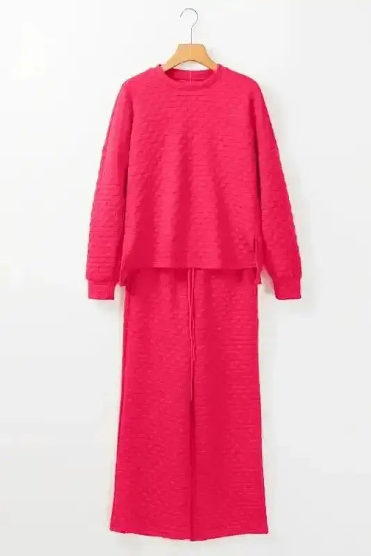 Strawberry pink checkered long sleeve pullover and pants co-ord set front view — Fashionfitz UK