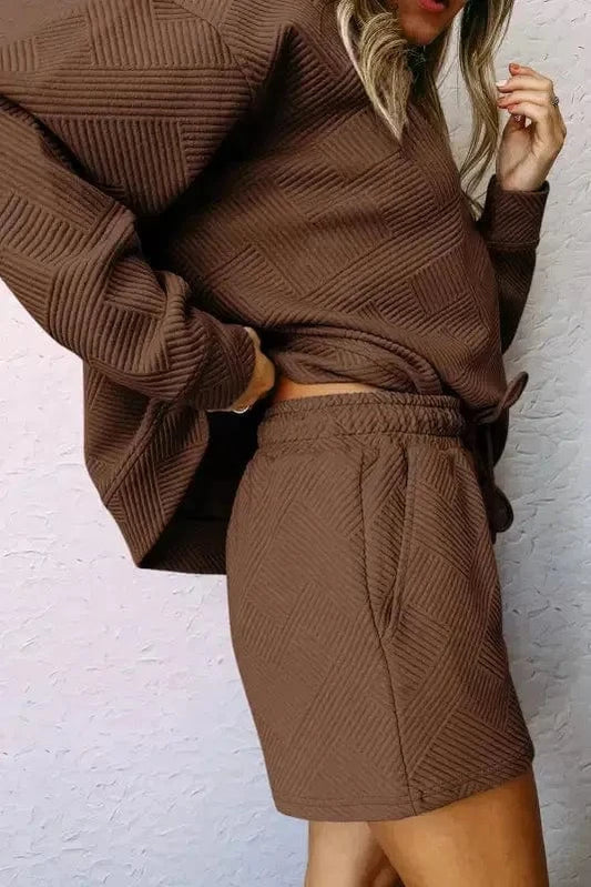Two Piece Pants Sets Textured Brown Lounge Set