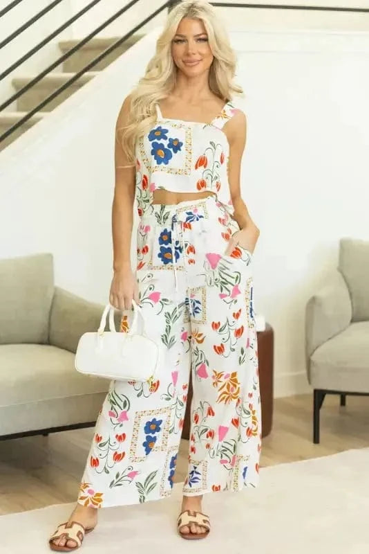 Two Piece Pants Sets White Floral Two Pieces Pants Set