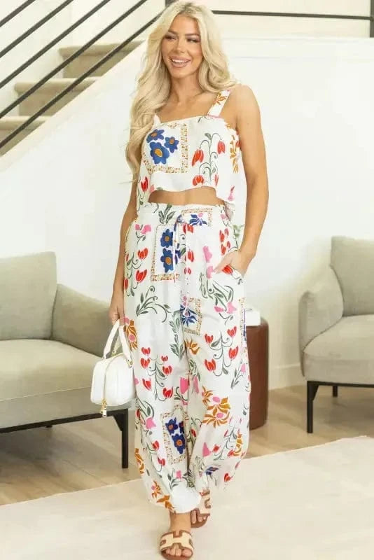 Two Piece Pants Sets White Floral Two Pieces Pants Set
