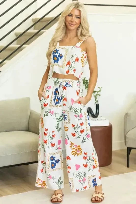Two Piece Pants Sets White Floral Two Pieces Pants Set