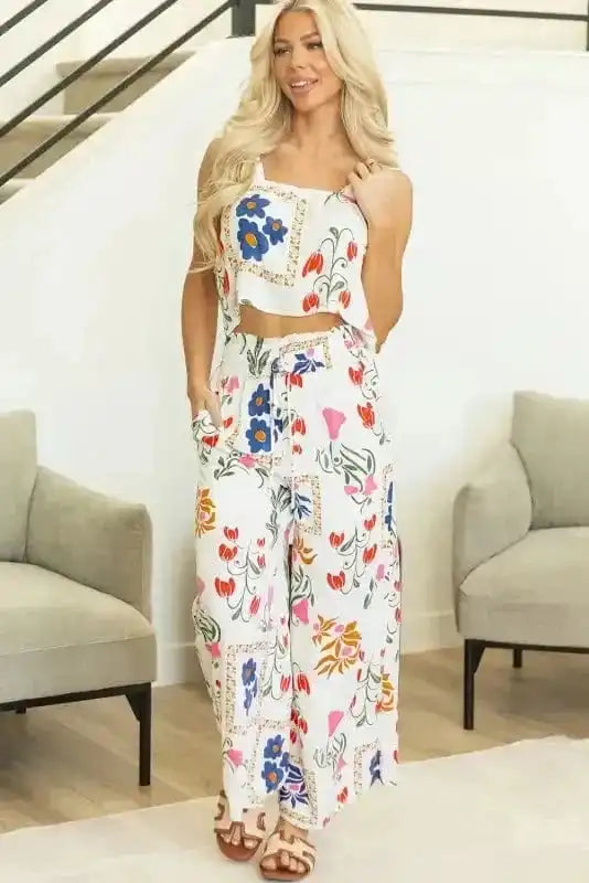 Two Piece Pants Sets White Floral Two Pieces Pants Set
