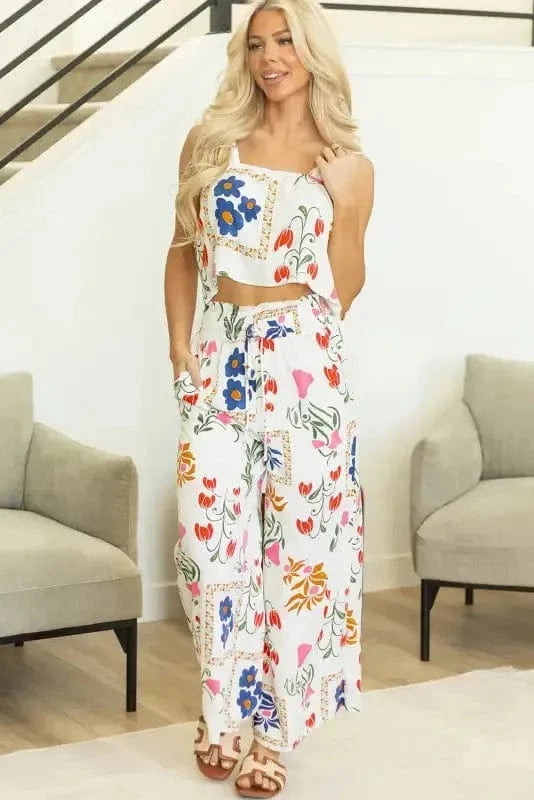 Two Piece Pants Sets White Floral Two Pieces Pants Set