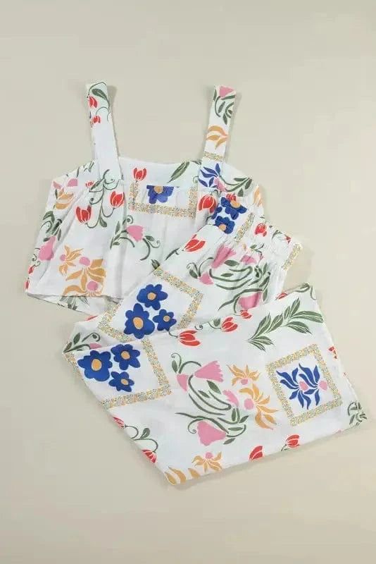 Two Piece Pants Sets White Floral Two Pieces Pants Set
