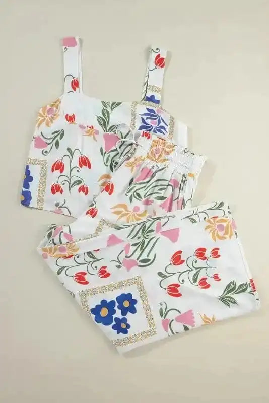 Two Piece Pants Sets White Floral Two Pieces Pants Set