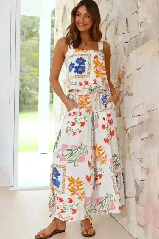 Two Piece Pants Sets White Floral Two Pieces Pants Set