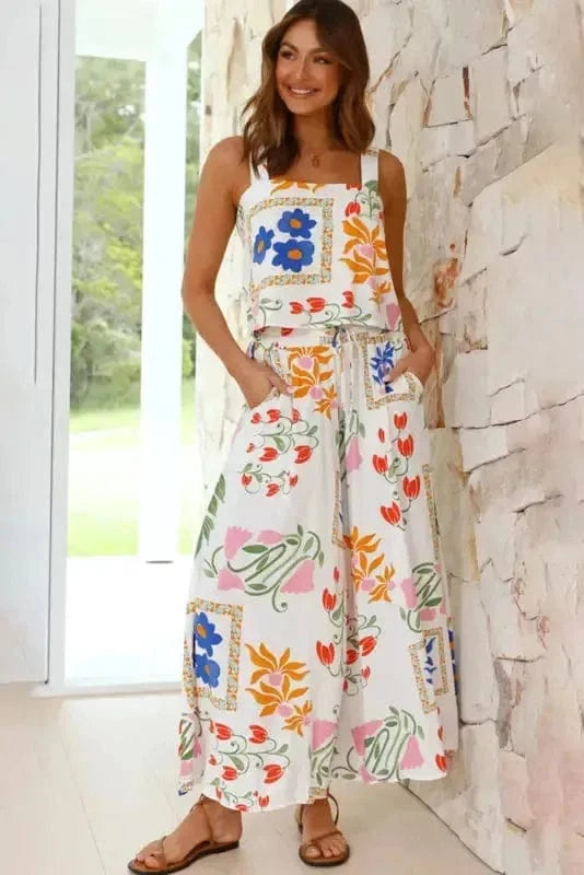Two Piece Pants Sets White Floral Two Pieces Pants Set