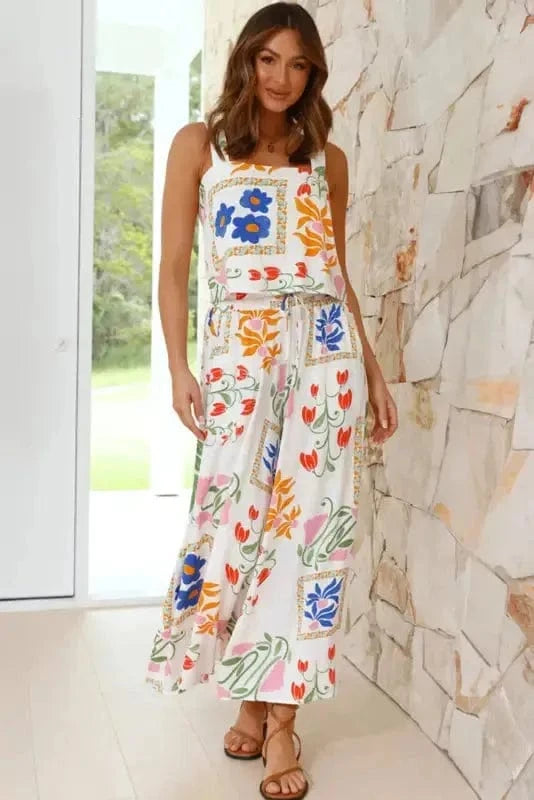Two Piece Pants Sets White Floral Two Pieces Pants Set