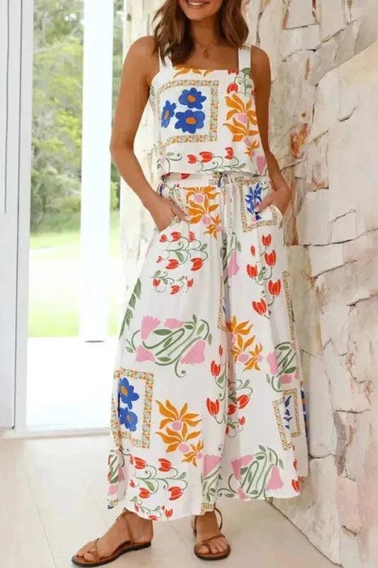Two Piece Pants Sets White / S / 100%Viscose White Floral Two Pieces Pants Set