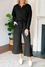 Two Piece Sets/Pant Sets Black / S / 95%Polyester+5%Elastane Elegance Noir Textured V-Neck Ensemble