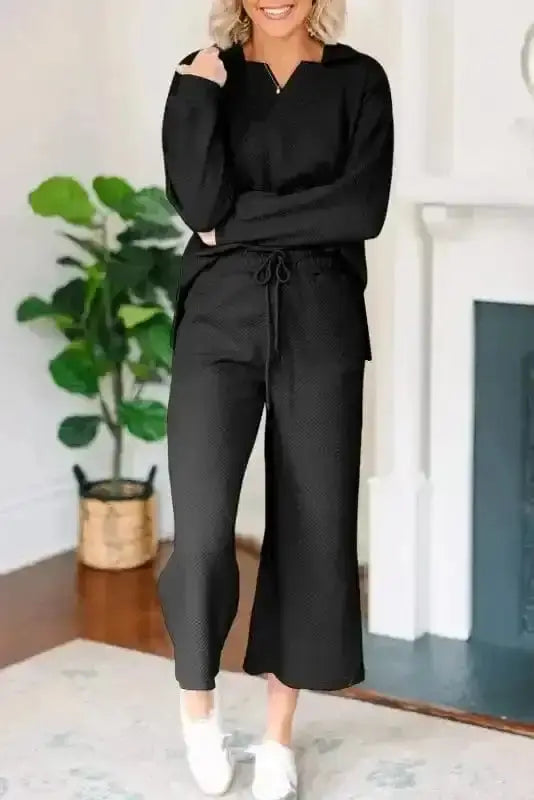 Two Piece Sets/Pant Sets Elegance Noir Textured V-Neck Ensemble