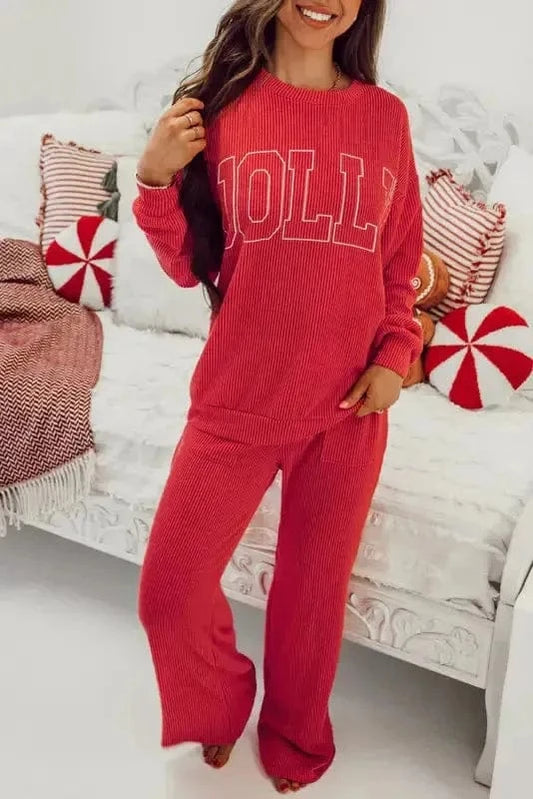 Two Piece Sets/Pant Sets Fiery Red / S / 75%Polyester+20%Viscose+5%Elastane JOLLY Fire-Set: Red Corded Top & Pocketed Pants