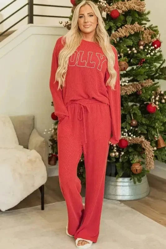 Two Piece Sets/Pant Sets JOLLY Fire-Set: Red Corded Top & Pocketed Pants