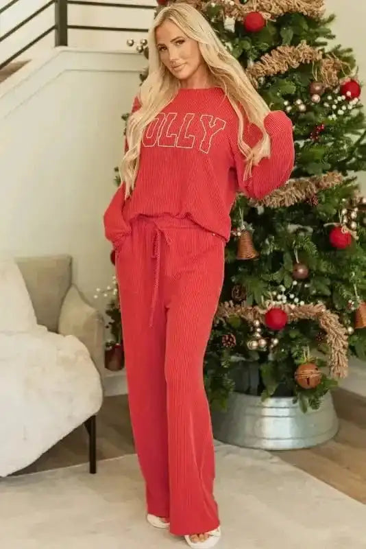 Two Piece Sets/Pant Sets JOLLY Fire-Set: Red Corded Top & Pocketed Pants
