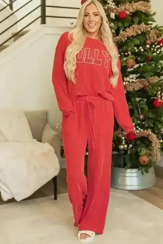 Two Piece Sets/Pant Sets JOLLY Fire-Set: Red Corded Top & Pocketed Pants
