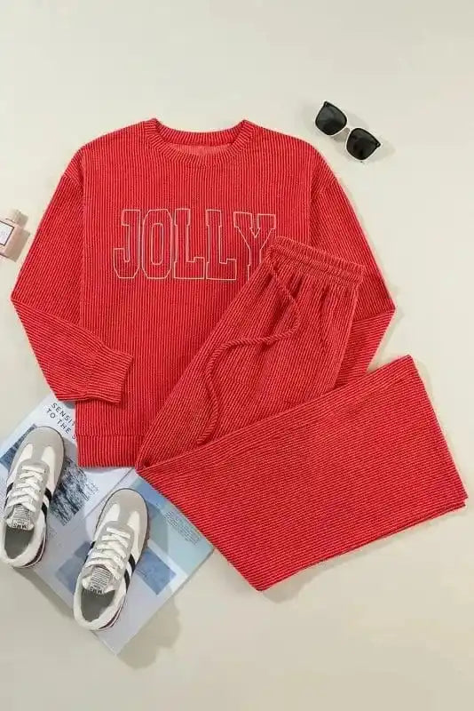 Two Piece Sets/Pant Sets JOLLY Fire-Set: Red Corded Top & Pocketed Pants