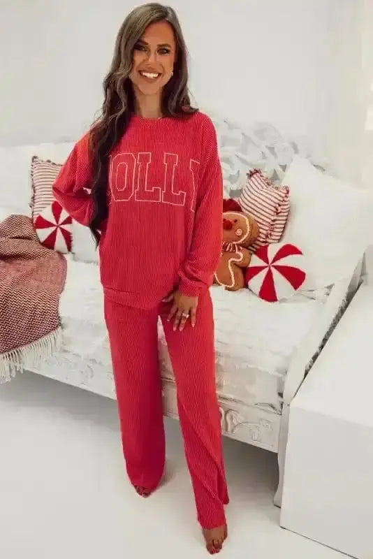 Red corded top and pants co-ord set back view — Fashionfitz UK