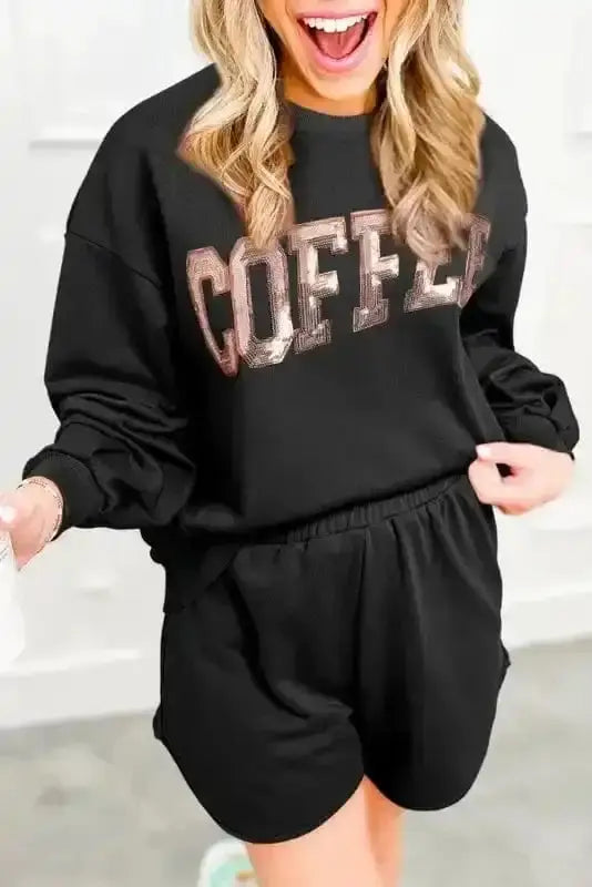 Black glam coffee sequin lounge co-ord shorts set front view — Fashionfitz UK