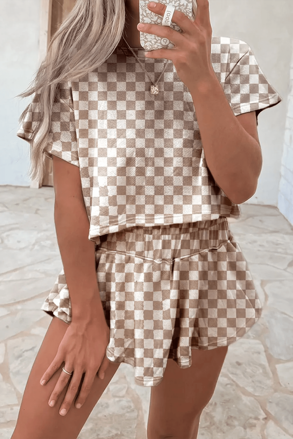 Two Piece Short Sets Brown / S / 95%Polyester+5%Elastane Checkered Confidence Outfit Set