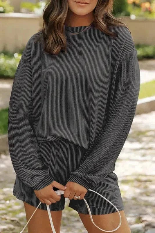 Two Piece Short Sets Carbon Grey / S / 75%Polyester+20%Viscose+5%Elastane Chic Corded Lounge Ensemble