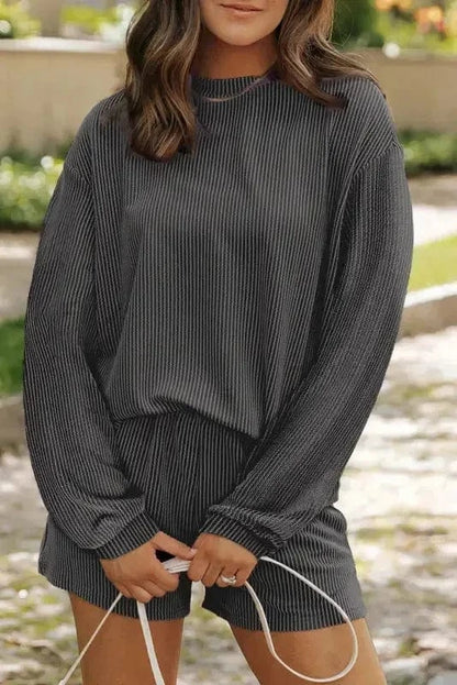 Two Piece Short Sets Carbon Grey / S / 75%Polyester+20%Viscose+5%Elastane Chic Corded Lounge Ensemble