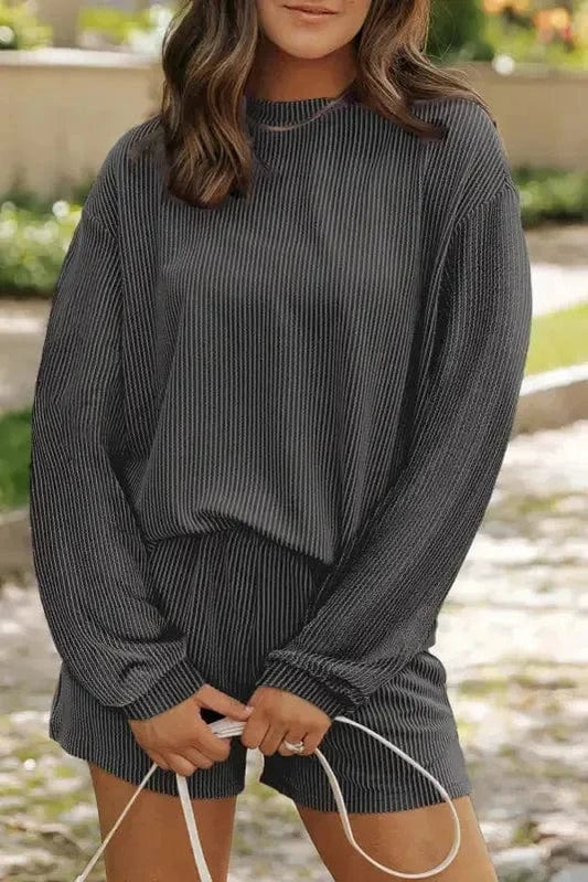 Two Piece Short Sets Carbon Grey / S / 75%Polyester+20%Viscose+5%Elastane Chic Corded Lounge Ensemble