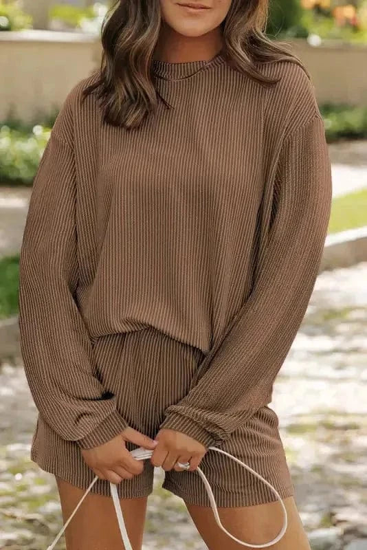 Two Piece Short Sets Chestnut / S / 75%Polyester+20%Viscose+5%Elastane Chic Corded Lounge Ensemble